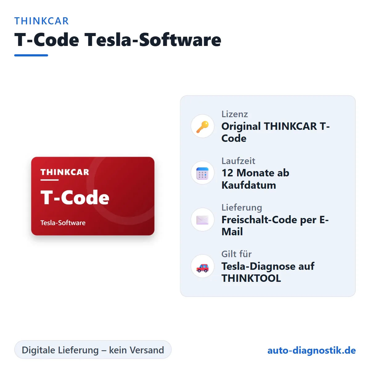 THINKCAR T-Code Tesla-Software mit Übersicht der wichtigsten Lizenzdaten
