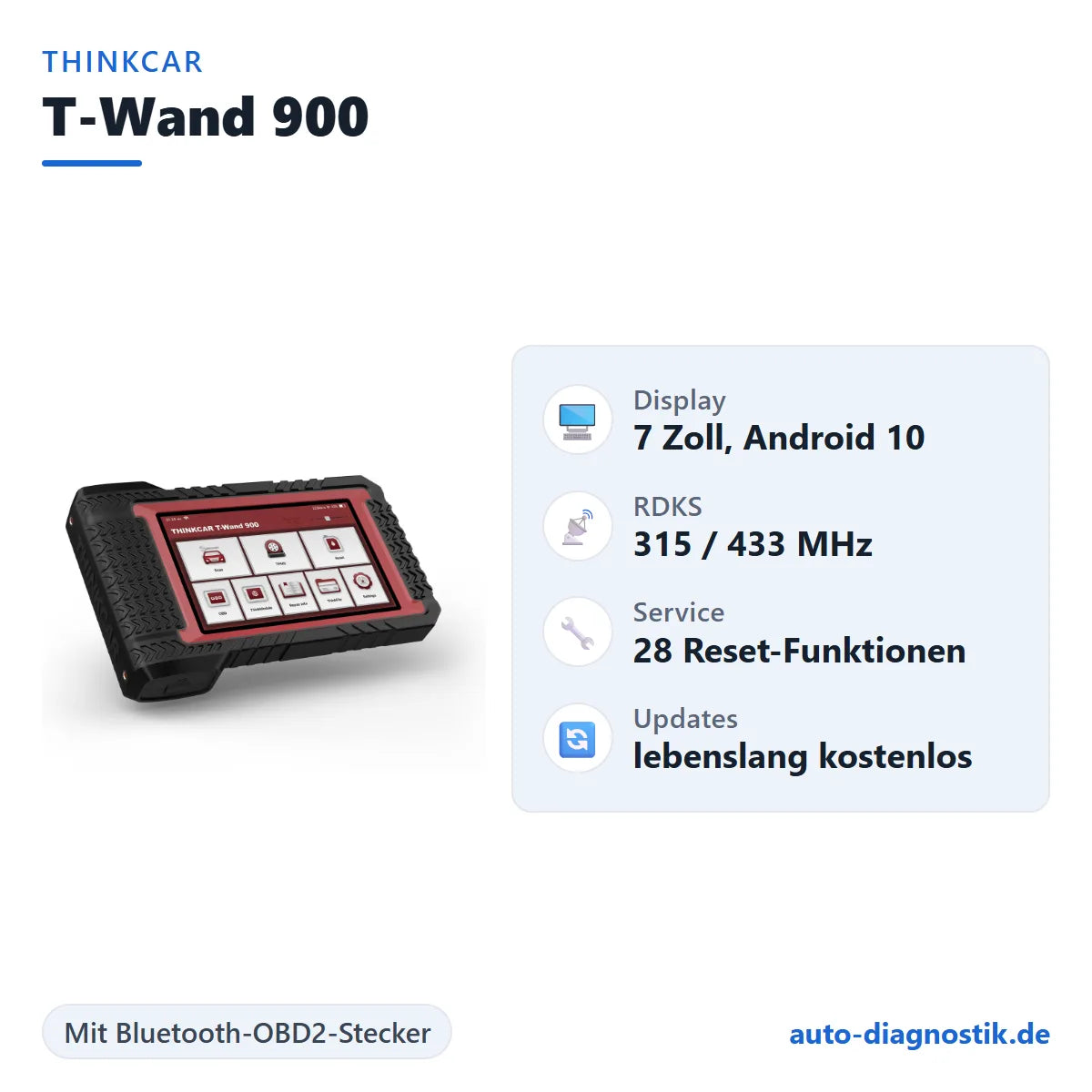 THINKCAR T-Wand 900 mit Übersicht der wichtigsten Funktionen