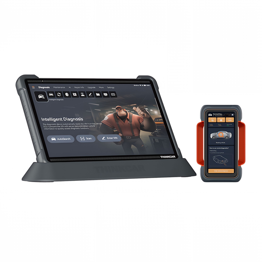 THINKCAR Thinktool 399 Tablet und THINKLINK-PRO-Interface schräg von vorne