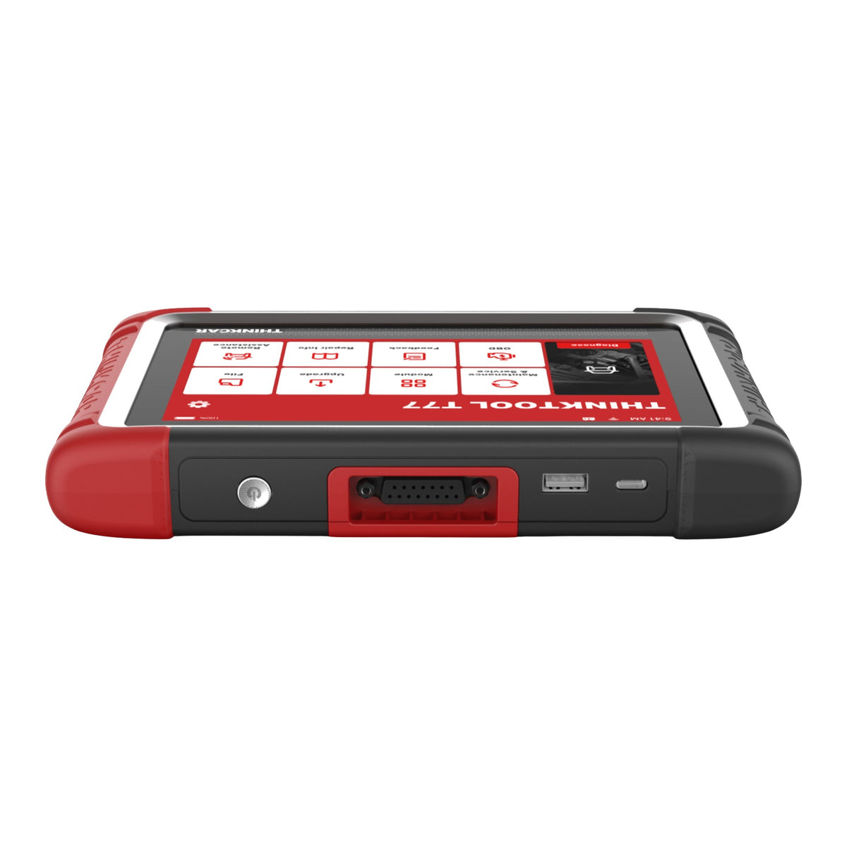 Anschlussleiste des THINKCAR Thinktool T77 mit Ein-Taster, DB15-Diagnosebuchse, USB und USB-C