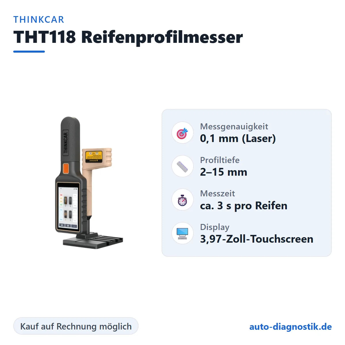 THINKCAR THT118 Reifenprofilmesser mit Übersicht der wichtigsten technischen Daten