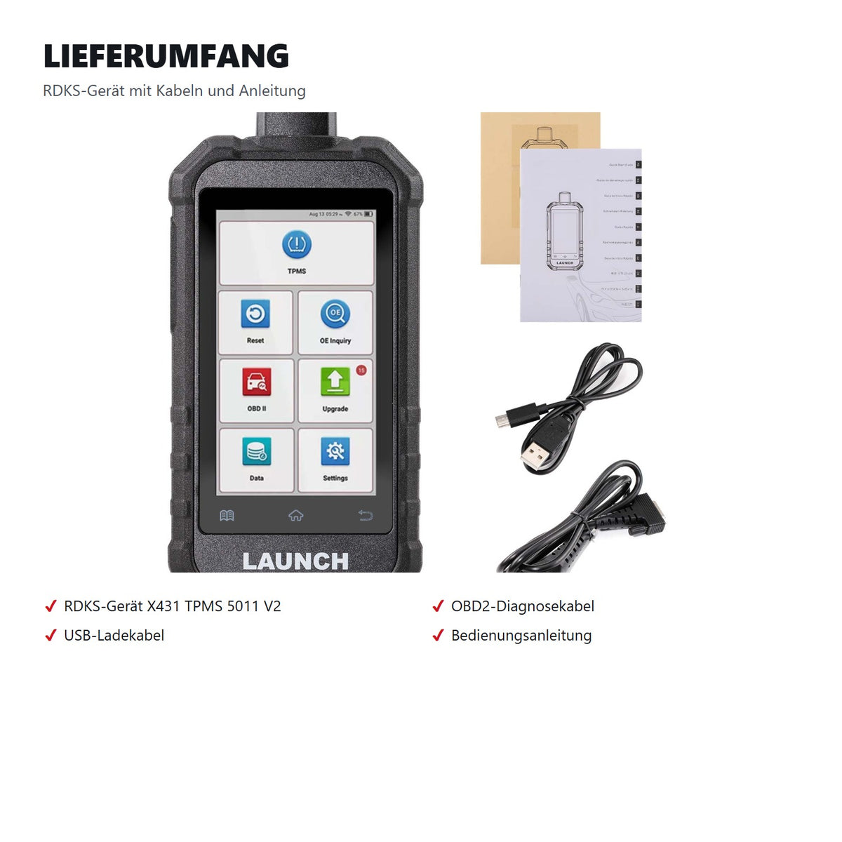 Lieferumfang des RDKS-Geraets mit OBD2-Diagnosekabel, USB-Ladekabel und Bedienungsanleitung
