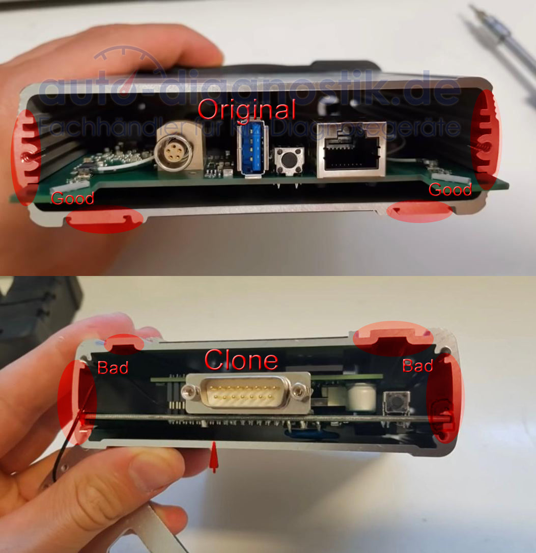 Vergleich Original ICOM Next A und Clone-Version mit sichtbaren Gehäuseunterschieden