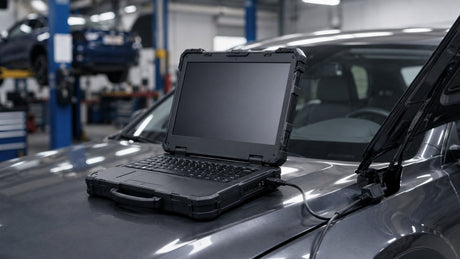 Rugged Notebook für Fahrzeugdiagnose in der Werkstatt, angeschlossen an ein Fahrzeug