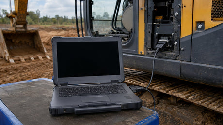 Notebook an der Diagnoseschnittstelle einer Baumaschine