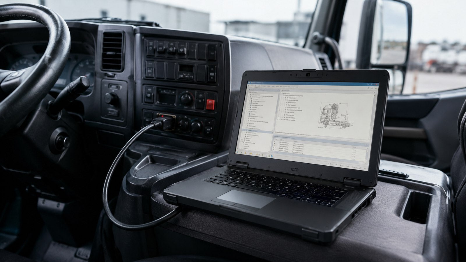Diagnose-Notebook im Führerhaus eines LKW