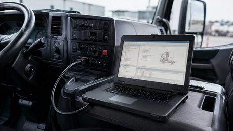 Diagnose-Notebook im Führerhaus eines LKW