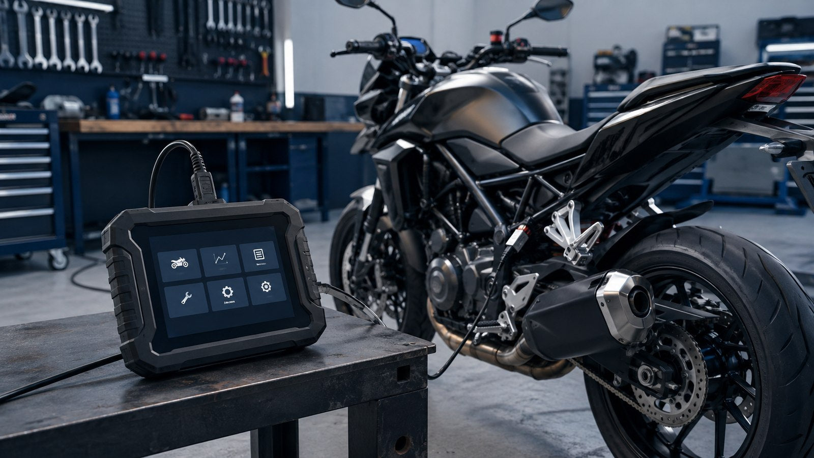Diagnosegerät angeschlossen an ein Motorrad in der Werkstatt