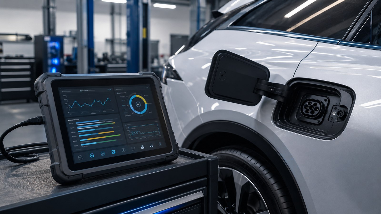 Diagnose-Tablet am Ladeanschluss eines Elektrofahrzeugs