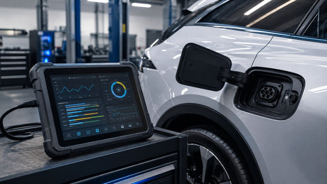 Diagnose-Tablet am Ladeanschluss eines Elektrofahrzeugs