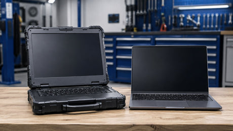 Vergleich Rugged Notebook und normales Notebook auf einer Werkbank