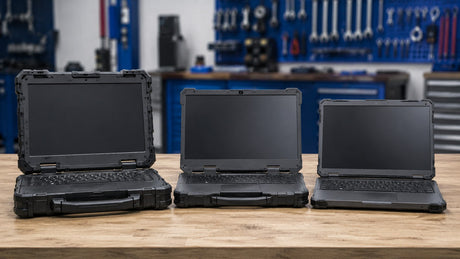 Drei robuste Notebooks im Vergleich in einer Kfz-Werkstatt