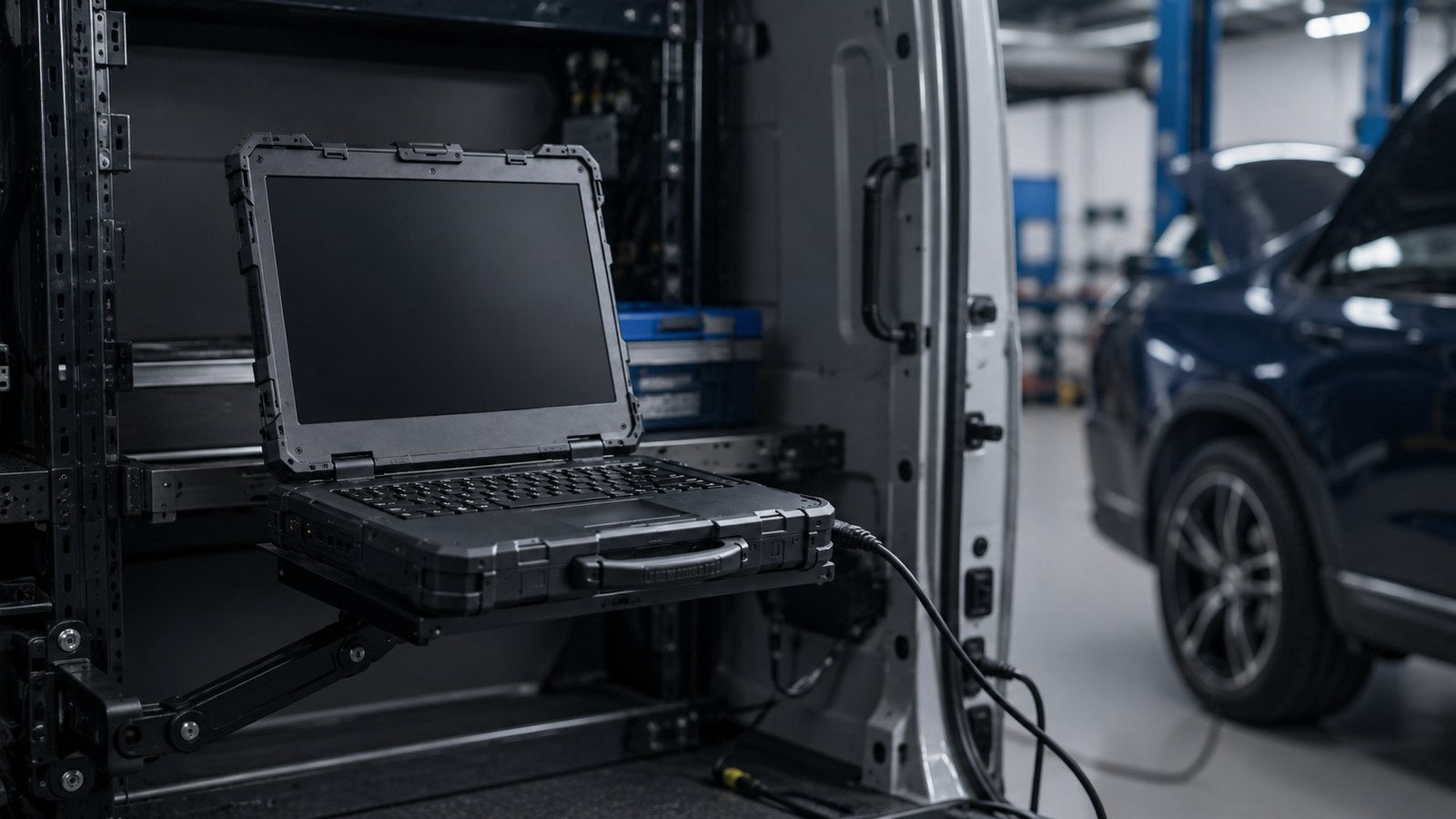 Robustes Notebook montiert im Servicefahrzeug für den mobilen Einsatz