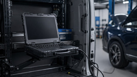 Robustes Notebook montiert im Servicefahrzeug für den mobilen Einsatz