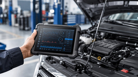 Diagnose-Tablet im Einsatz am geöffneten Motorraum