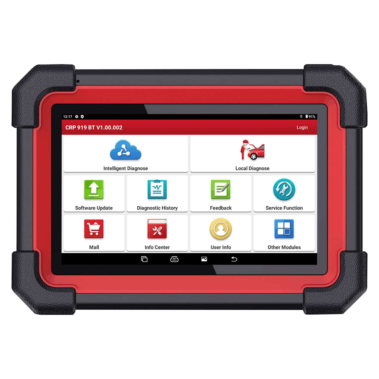 LAUNCH X431 CRP919E BT Diagnosegeraet von vorne mit 7 Zoll Touchscreen und geoeffnetem Hauptmenue