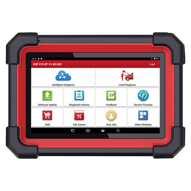 LAUNCH X431 CRP919E BT Diagnosegeraet von vorne mit 7 Zoll Touchscreen und geoeffnetem Hauptmenue