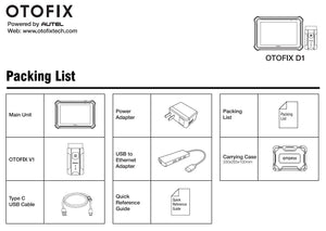 Lieferumfang des OTOFIX D1: Diagnosetablet, VCI V1, USB-C-Kabel, Netzteil, USB-LAN-Adapter und Transportkoffer