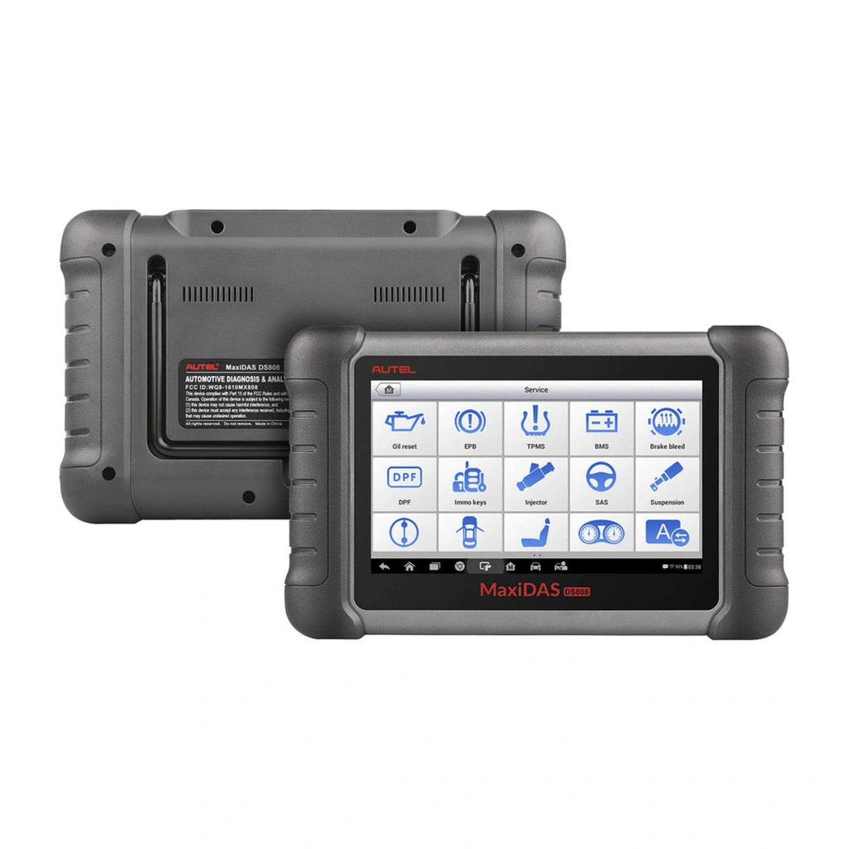 Autel MaxiDAS DS808S-BT Vorder- und Rückseite mit Servicefunktions-Menü