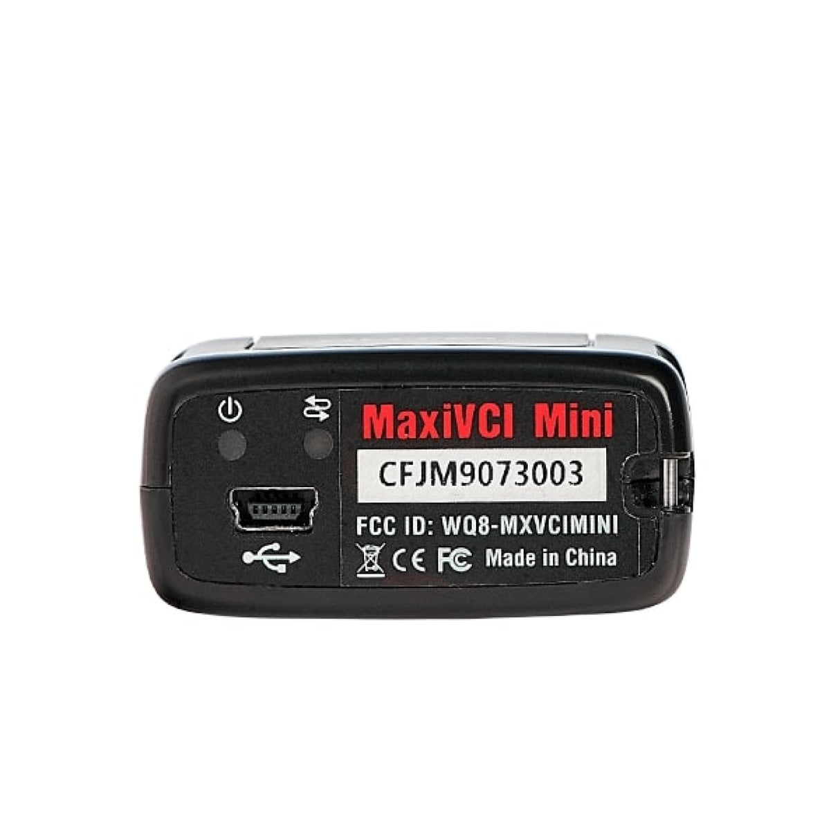 MaxiVCI Mini Unterseite mit Mini-USB-Anschluss und Status-LEDs