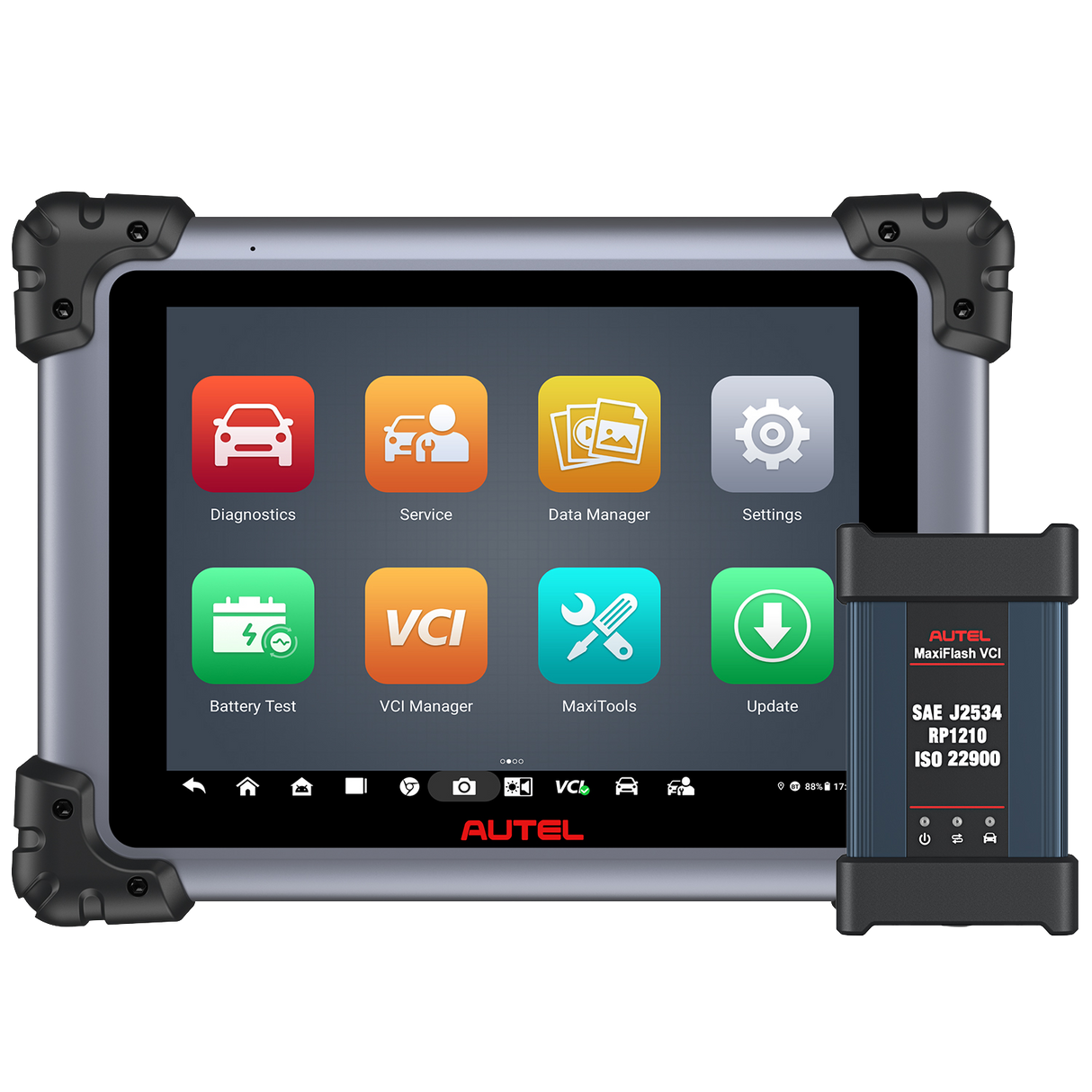 Autel MaxiSys Elite II Pro Diagnosetablet mit Hauptmenü und MaxiFlash VCI (SAE J2534 Pass-Thru)