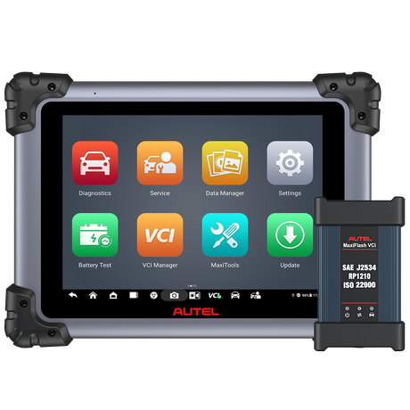 Autel MaxiSys Elite II Pro Diagnosetablet mit Hauptmenü und MaxiFlash VCI (SAE J2534 Pass-Thru)