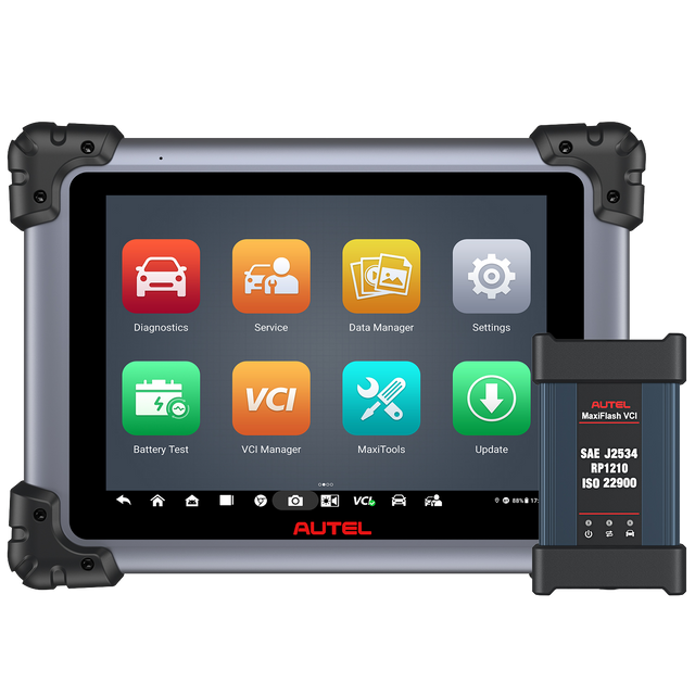 Autel MaxiSys Elite II Pro Diagnosetablet mit Hauptmenü und MaxiFlash VCI (SAE J2534 Pass-Thru)