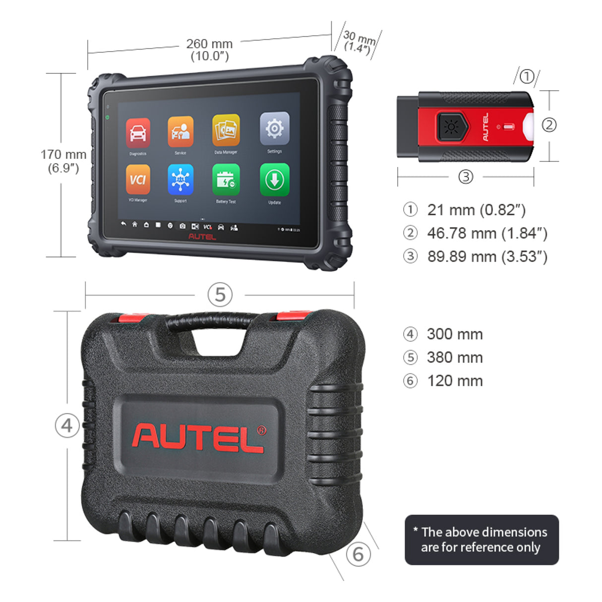 Autel MaxiCom MK906 Pro Abmessungen von Tablet, MaxiVCI V200 und Koffer
