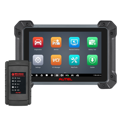 Autel MaxiCom MK908 II Diagnosetablet mit Hauptmenü und Bluetooth-Diagnoseinterface