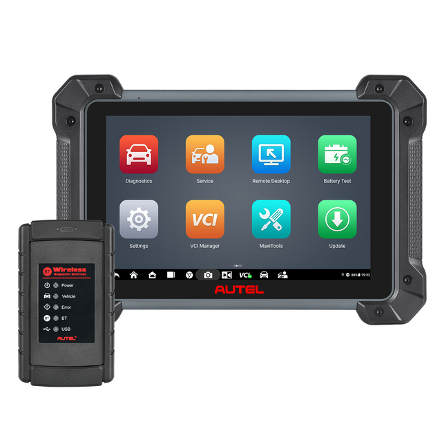 Autel MaxiCom MK908 II Diagnosetablet mit Hauptmenü und Bluetooth-Diagnoseinterface
