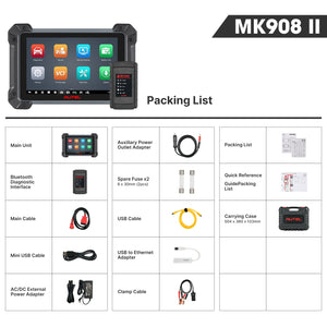 Autel MaxiCom MK908 II Lieferumfang-Übersicht mit Tablet, Bluetooth-VCI, Kabeln und Transportkoffer