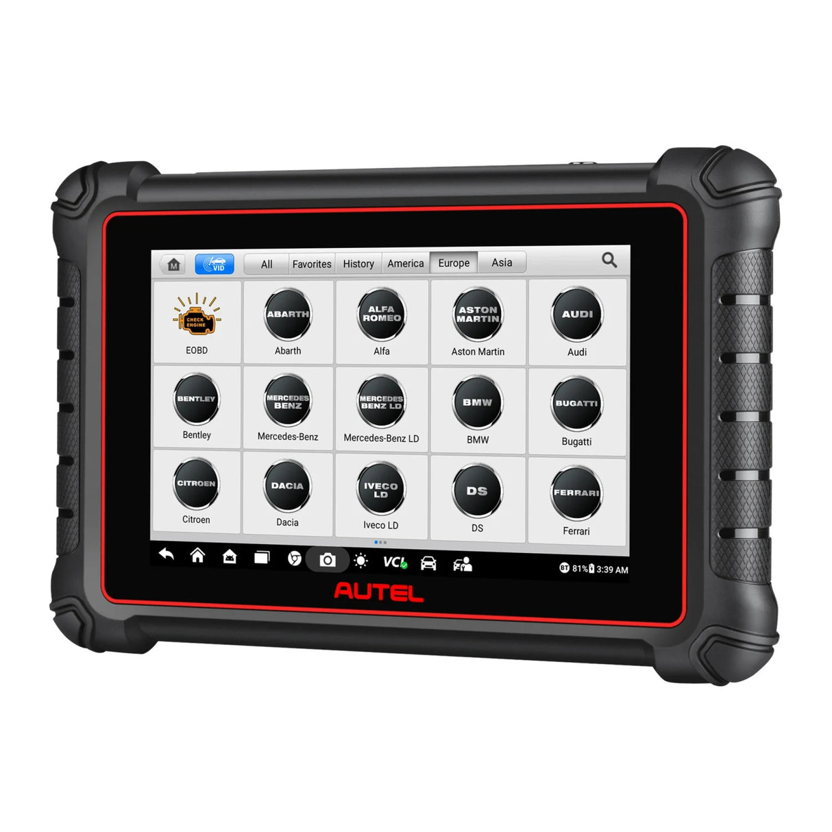 Autel MaxiPro MP900-BT Seitenansicht mit Fahrzeugmarken-Auswahl und MaxiVCI V150