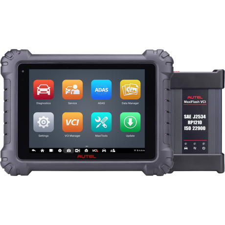 Autel MaxiSys MS909 Diagnosetablet mit Hauptmenü und MaxiFlash VCI Interface