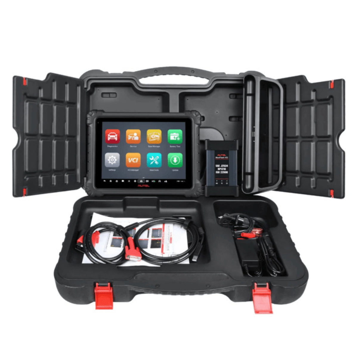 Autel MaxiCom MK Ultra Lite geöffneter Kunststoff-Koffer mit Tablet, Interface und Kabeln
