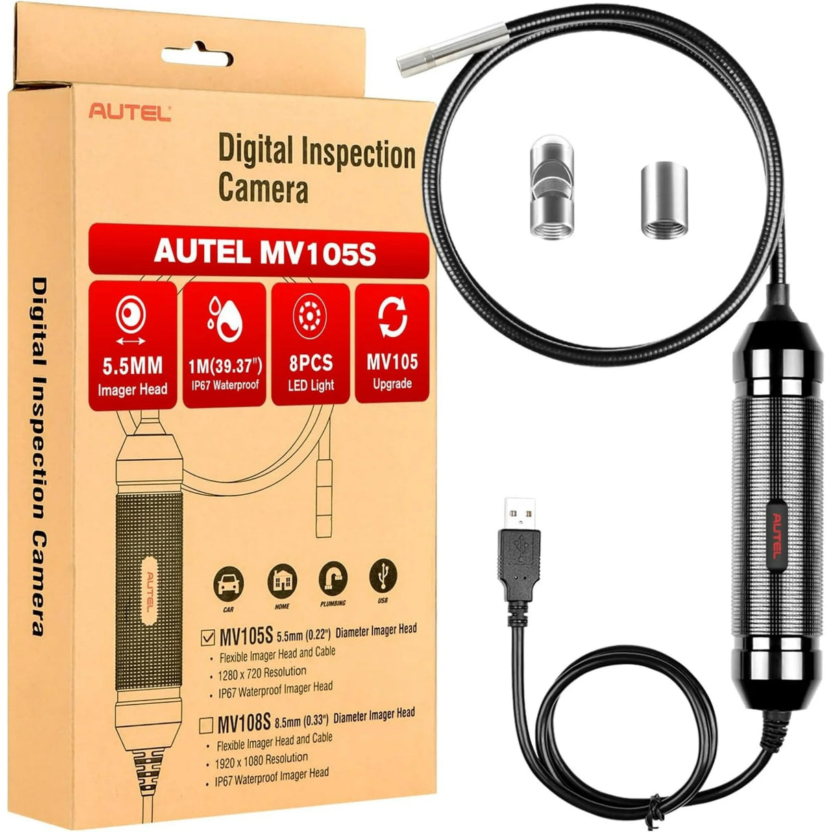 Autel MaxiVideo MV105S Endoskop-Kamera mit flexibler Sonde, USB-Kabel, Aufsätzen und Verpackung