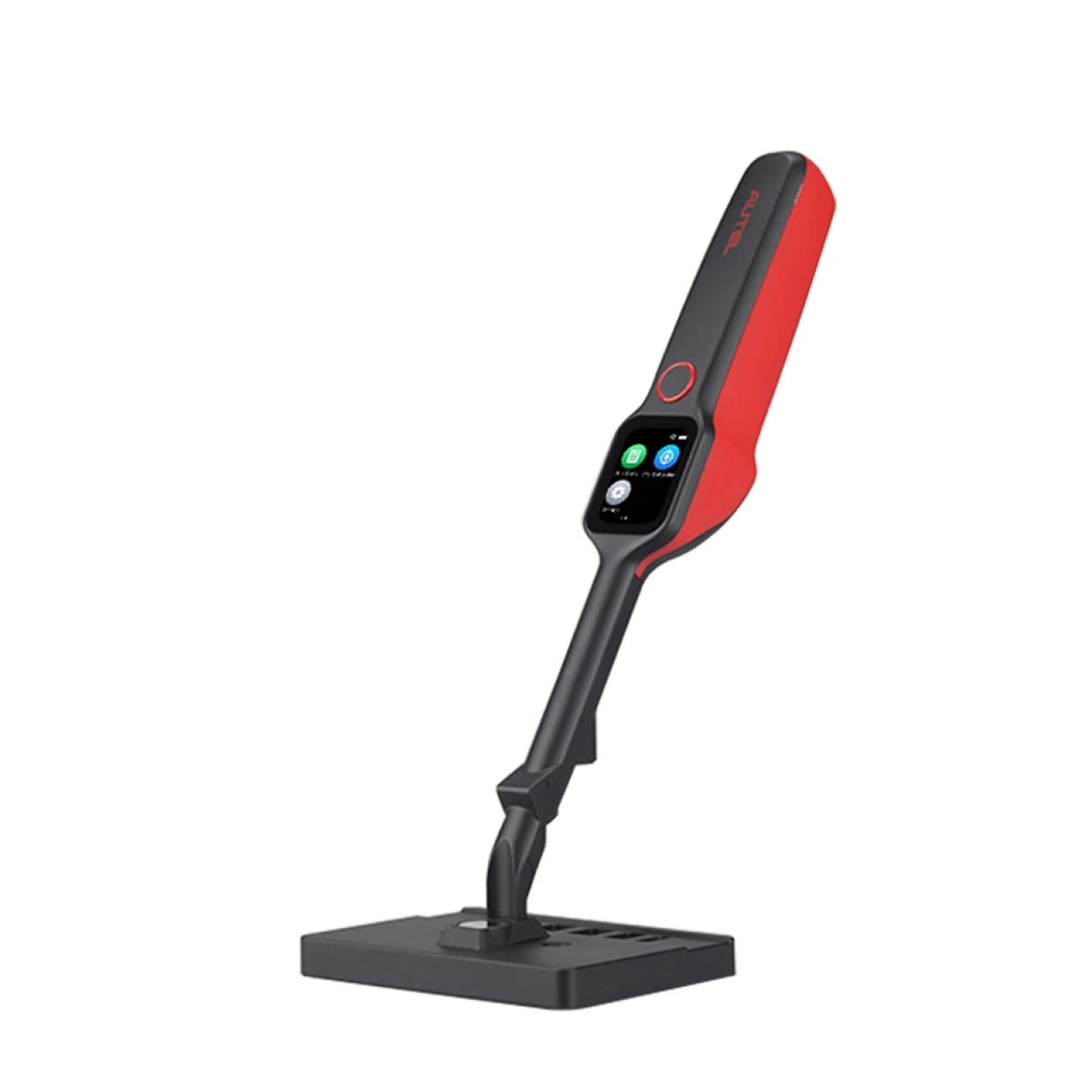 Autel MaxiTBE TBE200 aufrecht auf dem Standfuß mit Rückansicht und Autel-Logo