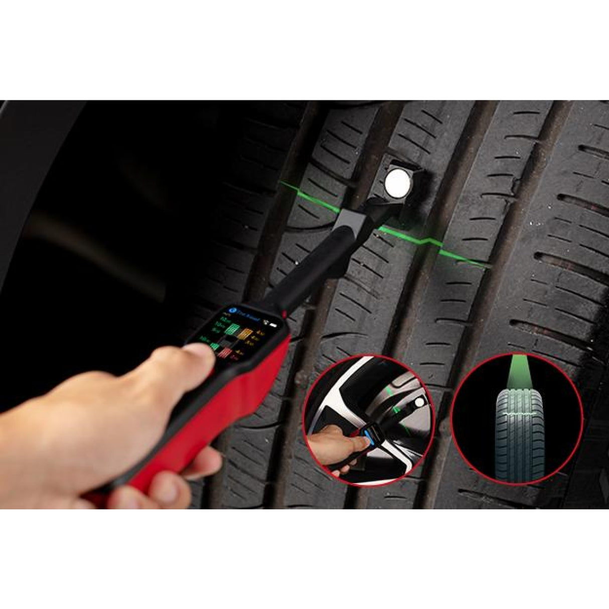 Autel MaxiTBE TBE200 misst Reifenprofiltiefe mit grüner Laserlinie auf der Lauffläche