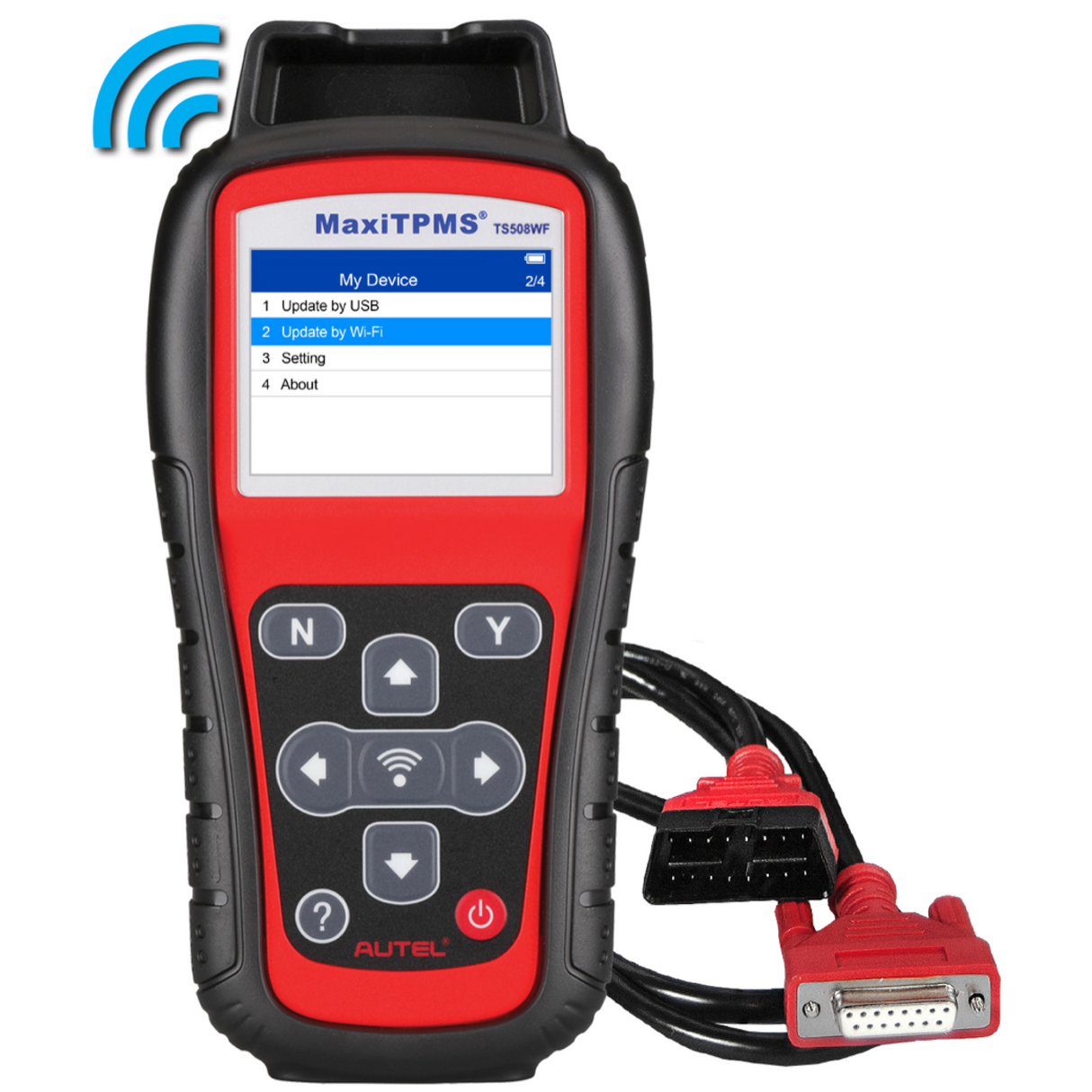 Autel MaxiTPMS TS508WF RDKS-Diagnosegerät mit angeschlossenem OBD-Kabel und WLAN-Symbol