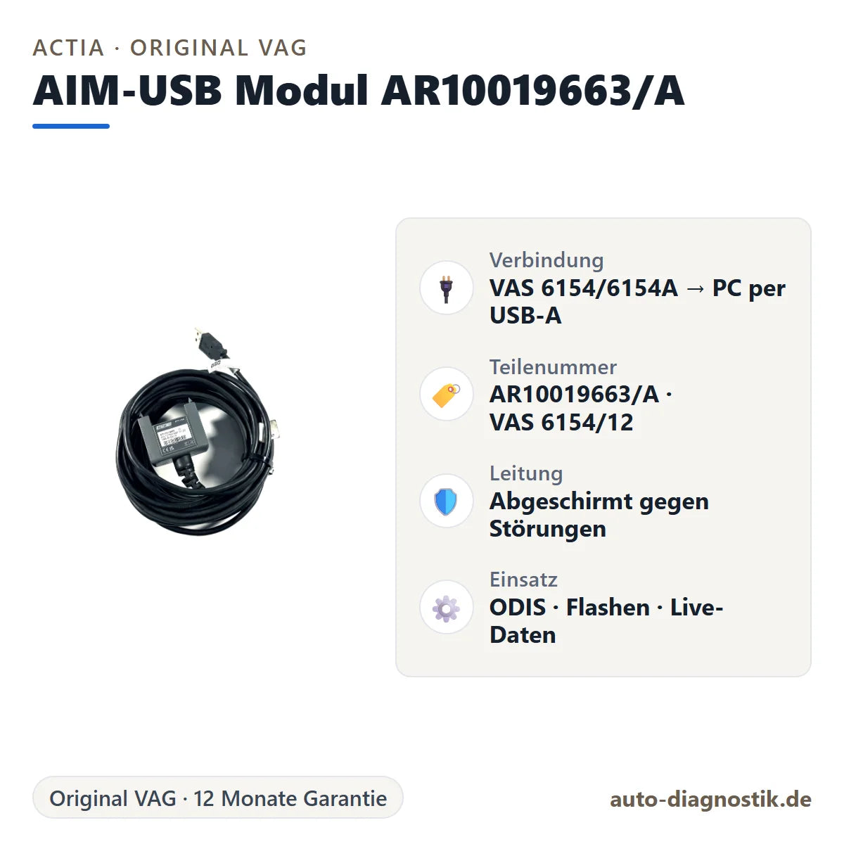 Original ACTIA AIM-USB Modul AR10019663/A mit Übersicht der wichtigsten Eigenschaften