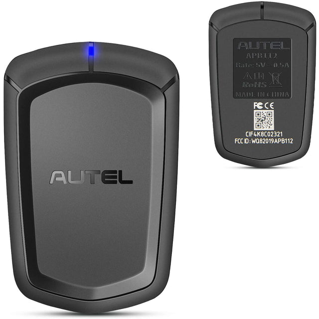 Autel APB112 Smart-Key-Simulator in Schwarz, Vorder- und Rückseite mit Typenschild und blauer Status-LED