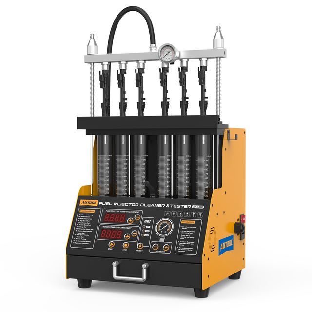 AUTOOL CT400 GDI Einspritzduesen-Tester und Reinigungsgeraet mit sechs Messzylindern vor weissem Hintergrund