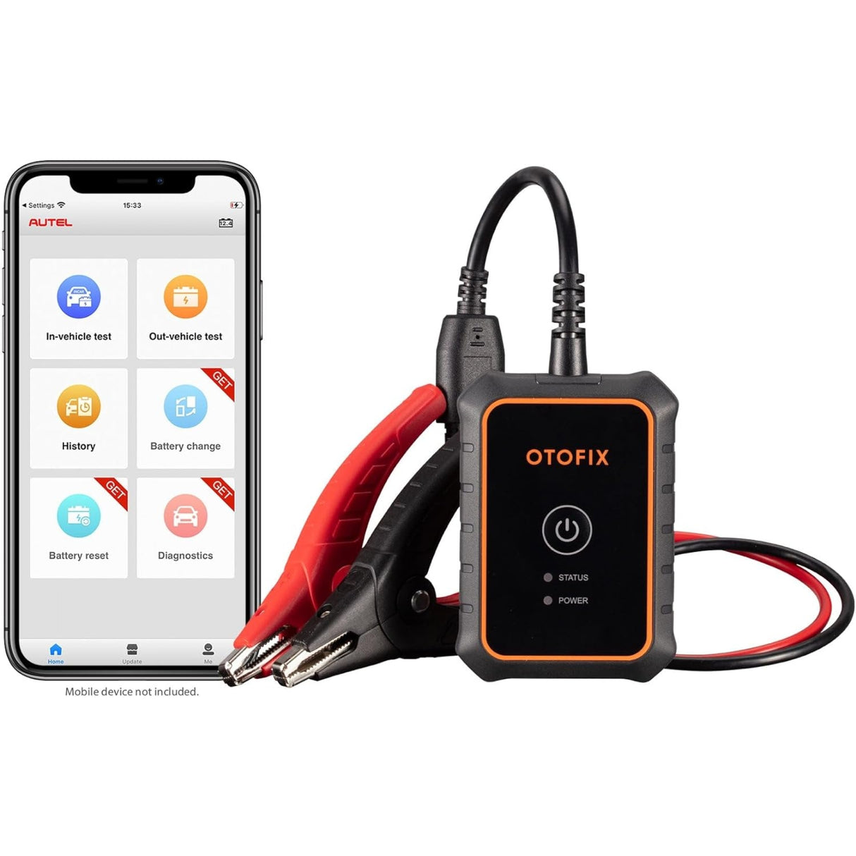 OTOFIX BT1 Lite Batterietester mit Krokodilklemmen neben einem Smartphone mit Batterietest-App