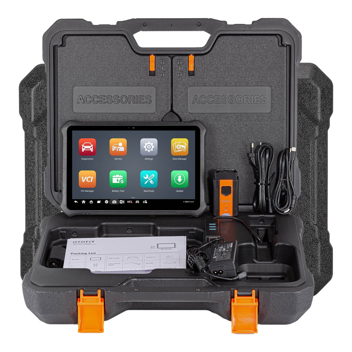 OTOFIX D1 ProS2 im geöffneten Transportkoffer mit Bluetooth-VCI, Netzteil, Kabeln und Packliste