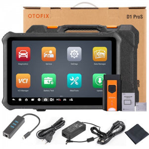 Lieferumfang des OTOFIX D1 ProS2: Diagnosetablet, Bluetooth-VCI, USB-LAN-Adapter, Netzteil, Kabel und Reinigungstuch