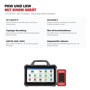 Funktionsuebersicht des LAUNCH X431 PAD VII: 12 V und 24 V, SmartLink C, Topologie-Darstellung, ueber 60 Servicefunktionen, CAN FD und DoIP