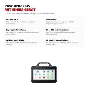 Funktionsuebersicht des LAUNCH X431 PAD VII Elite: 12 V und 24 V, SmartLink C, Topologie-Darstellung, ueber 60 Servicefunktionen, CAN FD und DoIP