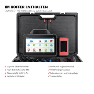 Lieferumfang des LAUNCH X431 PAD VII Elite im Transportkoffer mit Tablet, SmartLink C, Adaptersatz und Kabeln