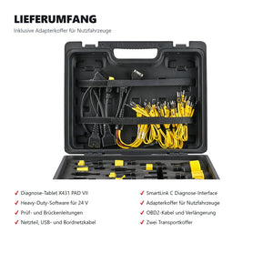 Lieferumfang des LAUNCH X431 PAD VII mit Adapterkoffer fuer Nutzfahrzeuge, SmartLink C, Kabeln und zwei Transportkoffern