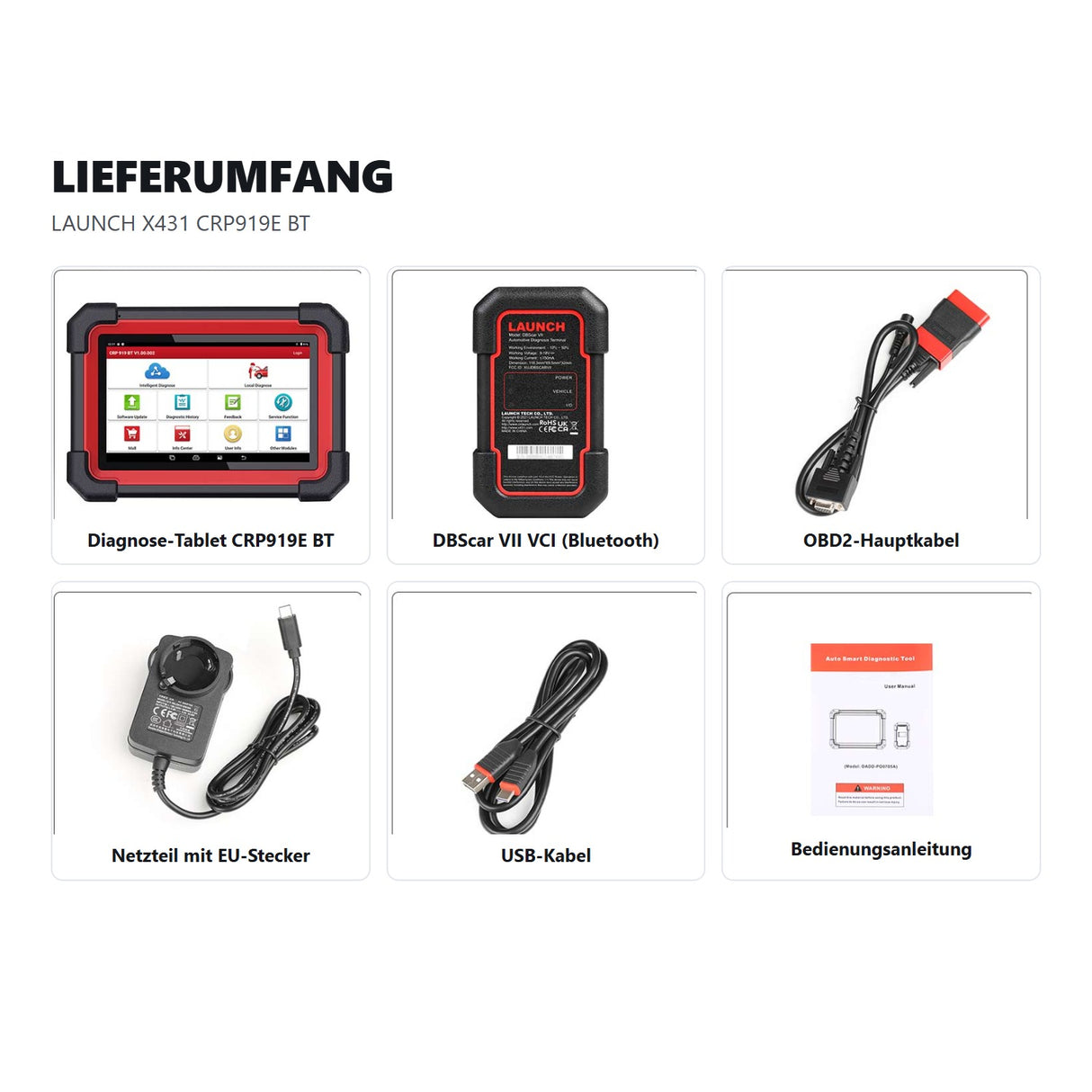 Lieferumfang des LAUNCH X431 CRP919E BT mit DBScar VII VCI, OBD2-Hauptkabel, USB-Kabel, Netzteil mit EU-Stecker und Bedienungsanleitung