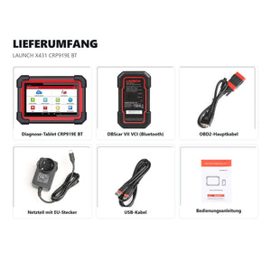 Lieferumfang des LAUNCH X431 CRP919E BT mit DBScar VII VCI, OBD2-Hauptkabel, USB-Kabel, Netzteil mit EU-Stecker und Bedienungsanleitung